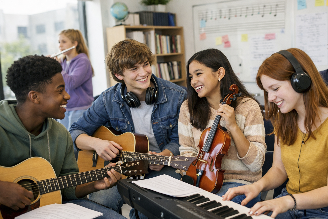 Junge Musiker in dynamischer Unterrichtsszene